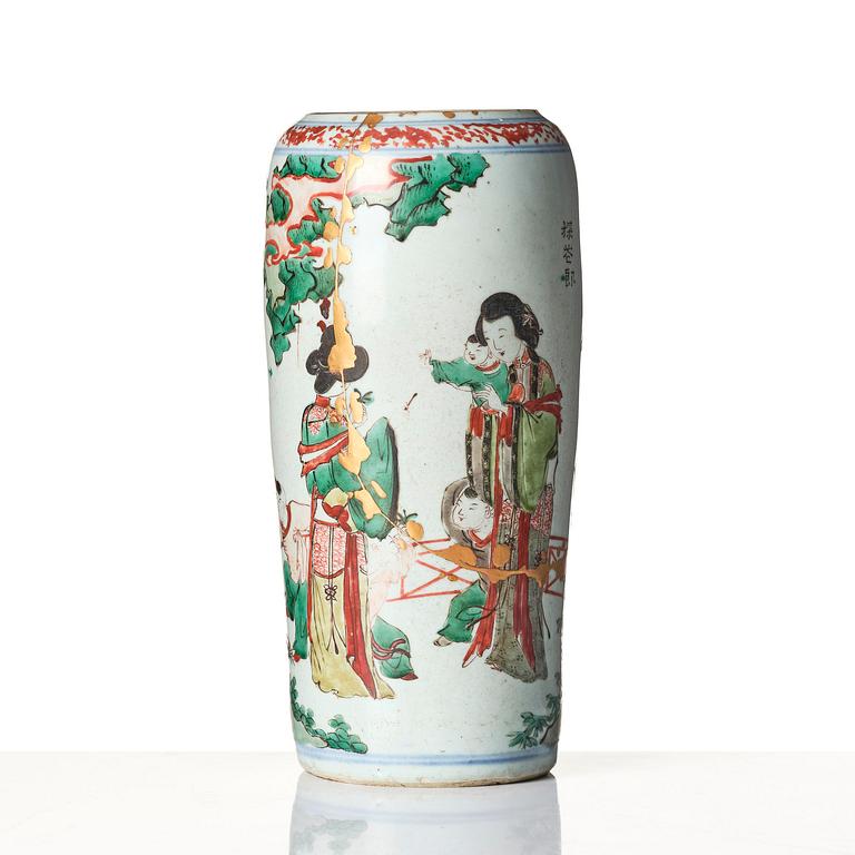 A Transitional wucai 'ladies and boys' vase, 17th century.