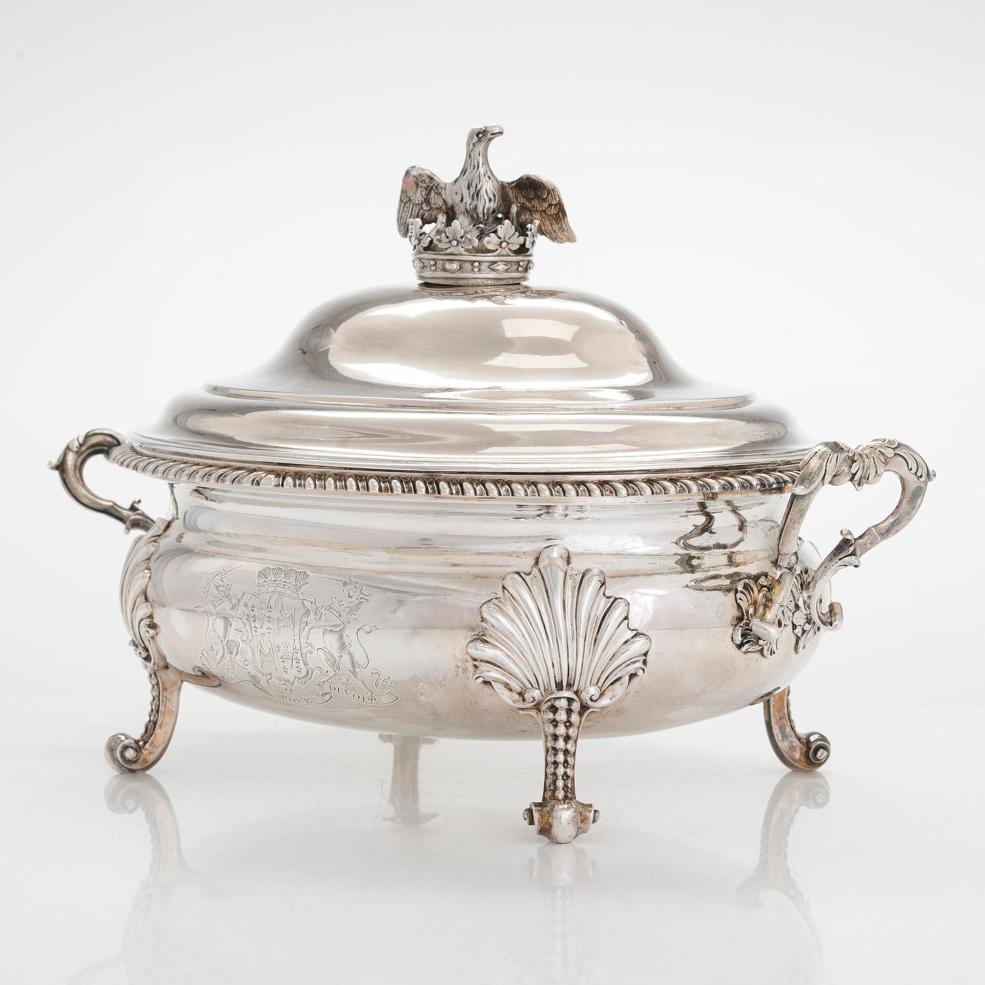 A mid-18th-century sterling silver tureen, mark of Peter Archambo II and Peter Meure, London 1753.