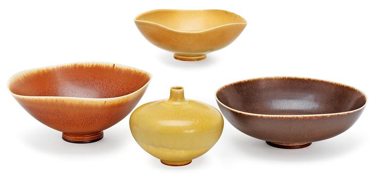 Three Berndt Friberg stoneware bowls and a vase, Gustavsberg studio 1954-1976.