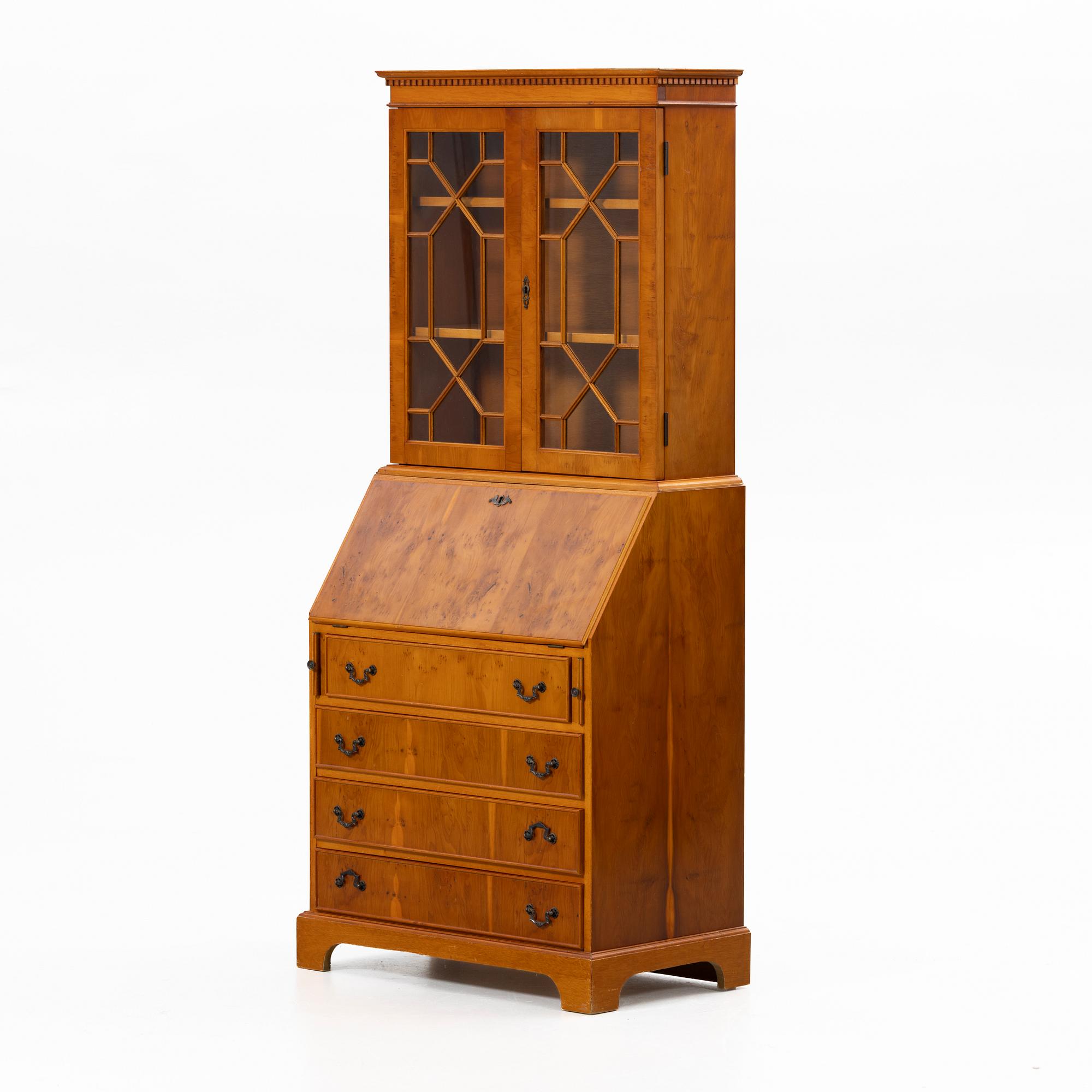 Slant-front secrétaire with glazed cabinet section, 20th century.