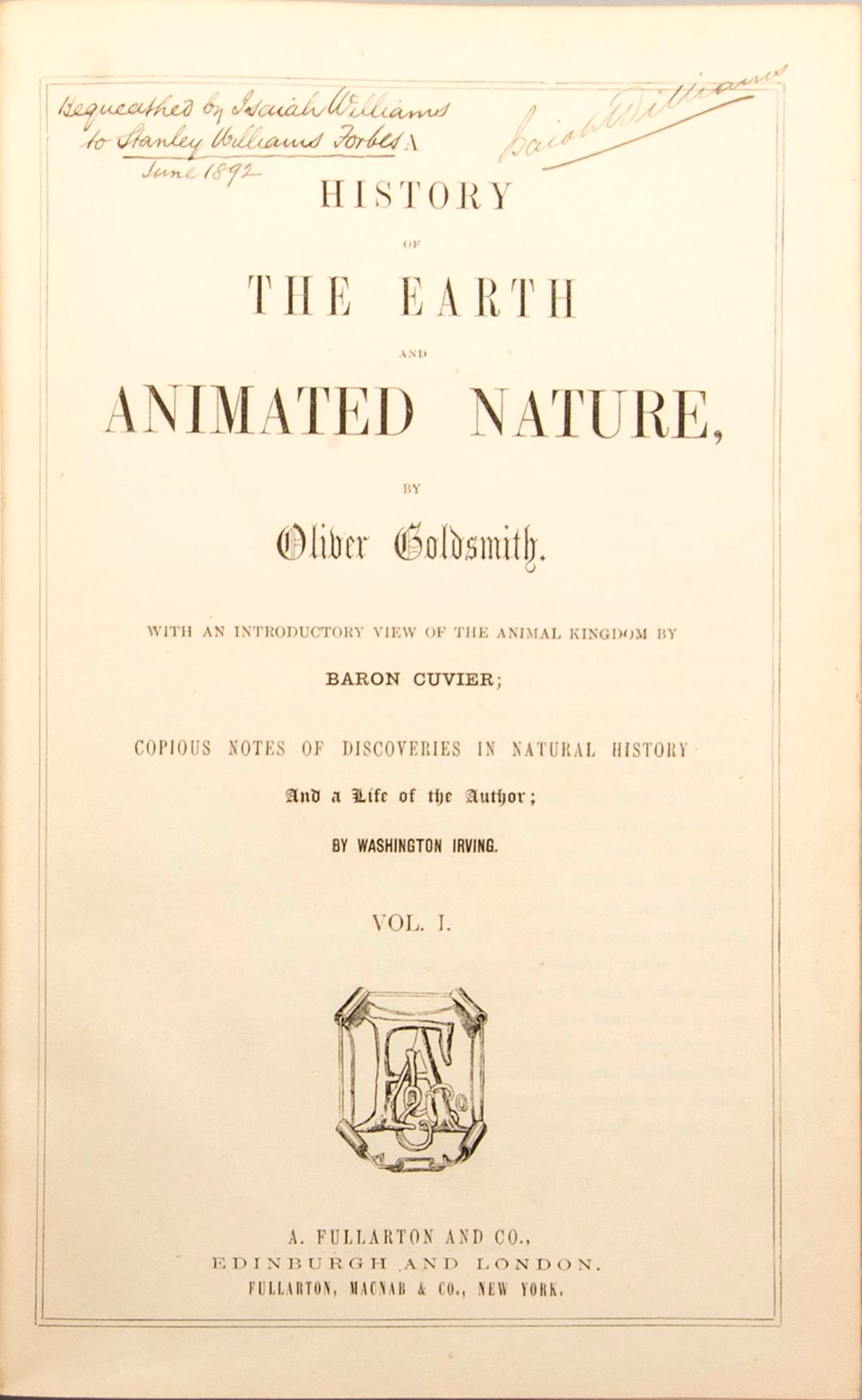 OLIVER GOLDSMITH 'A History of The Earth and Animated Nature' I-II, hand colored plates, c 1870.