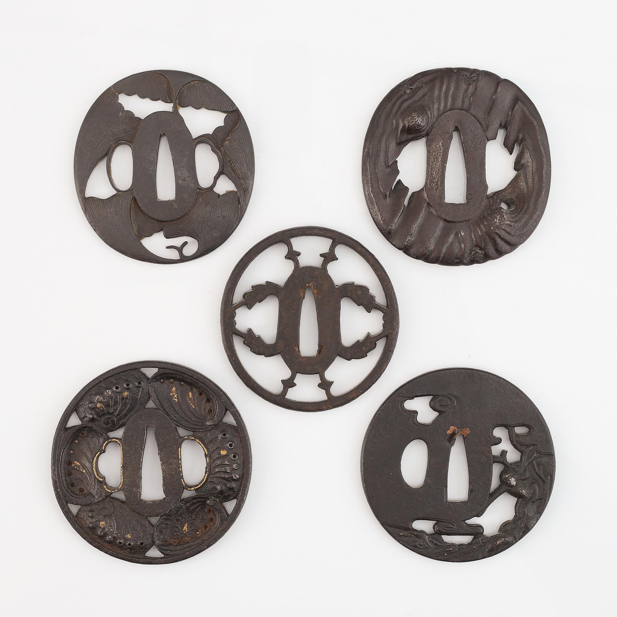 Five iron tsubas, Edo period.