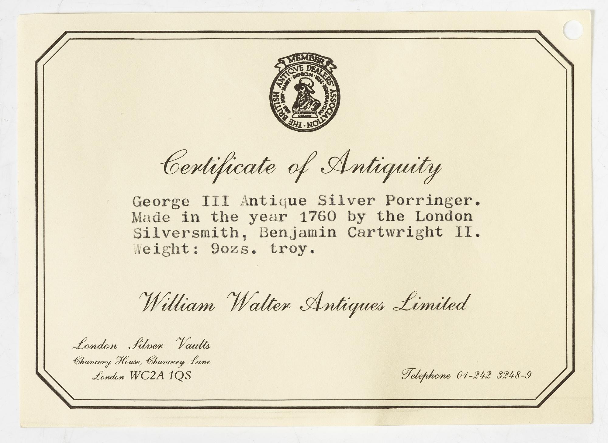 An English silver porringer, mark of Benjamin Cartwright I, London 1760.