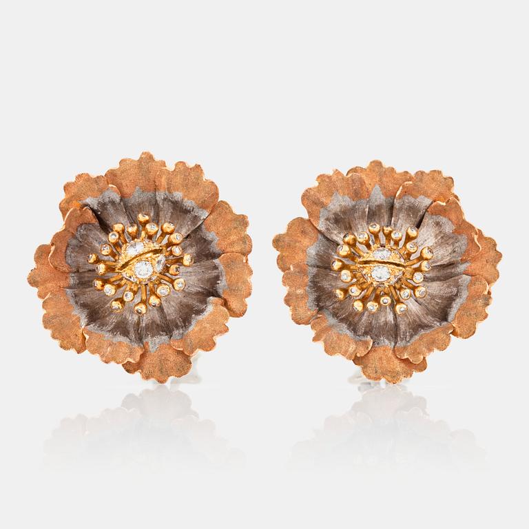 A pair of brilliant-cut diamond earrings by Gianmaria Buccellati for Lane Crawford in the shape of flowers.