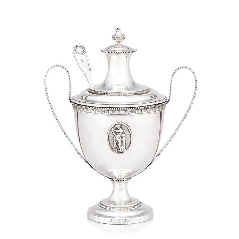 A Swedish silver sugar bowl, Johan Schvart, Karlskrona 1791 and suger spoon, Gustaf Möllenborg, Stockholm 1892.