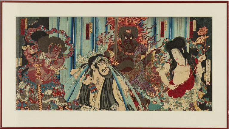 Toyohara Kunichika, triptyk, "Prince Mongaku with Fudo Myo-o, Kongara, and Seitaka Beneath the Nachi Waterfall".