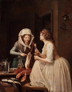 230. Pehr Hilleström, "Tvänne Qvinnor, den ena skär skinka, den andra stöter peppar" (= Two women, one cutting ham the other grinding pepper).