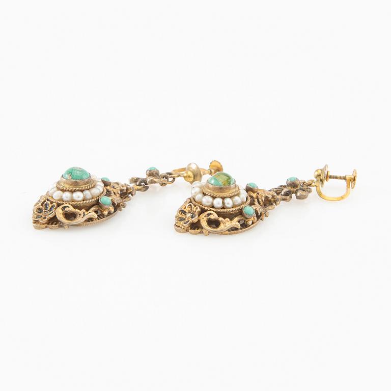 Earrings, a pair with enamel, turquoises, and cultured seed pearls, circa 1900.