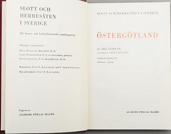 A set18 books about swedish castles and mansions, published by Allhems förlag in Malmö, second half of the 20th century.