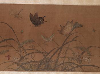 RULLMÅLNING, landskap med fjärilar och insekter i Qian Xuans (1235-1305) efterföljd, Qing dynastin 1800-tal.