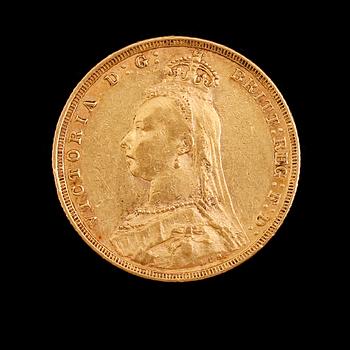 GULDMYNT, sovereign, Victoria 1892. Vikt ca 8 gram.