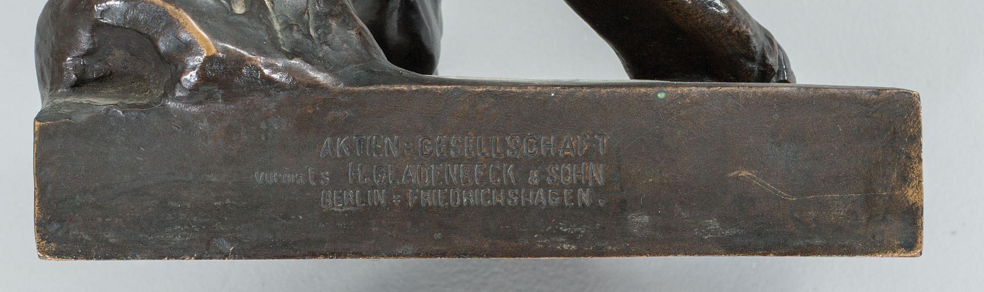 ROBERT BAERWALD, bronze. Signed, -96. Aktien Gesellschaft vermals H.Gladenbeck & Sohn Berlin Friedrichshagen.