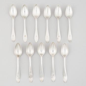 Eleven silver table spoons, mostly by Michael Olof Barkman, Varberg, Sweden, 1845.