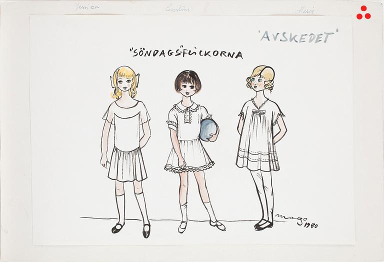 MAX GOLDSTEIN (MAGO), kostymskisser, 12 st, för "Avskedet" Regi Tuija-Maija Niskanen, 1981. Vissa signerade.