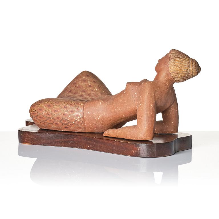 Stig Lindberg, a chamotte stoneware sculpture of a reclining woman, Gustavsberg studio, Sweden mid-20th century.