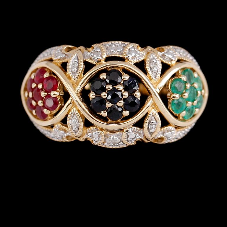 RING, 10 k guld, smaragder, rubiner, safirer, diamanter.