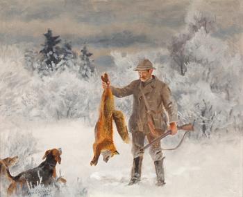 56. Bruno Liljefors, Jägare med jakthundar och räv.