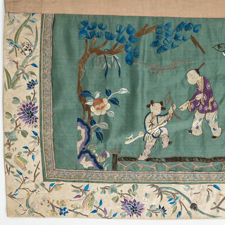 Two embroidered silk panels, late Qing dynasty.