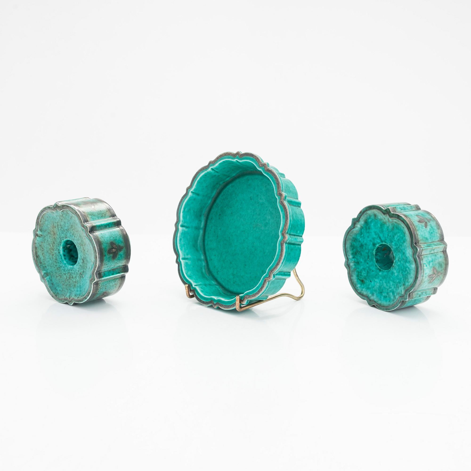 Wilhelm Kåge, ljusstakar, ett par, samt skål, "Argenta", Gustavsberg.