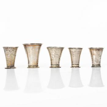 Five Swedish silver beakers, 18th/19th century.