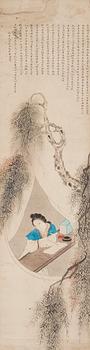 932. A Chinese painting, ink and water colour on paper of an elegant lady in thoughts, Qing dynasty, 19th Century.