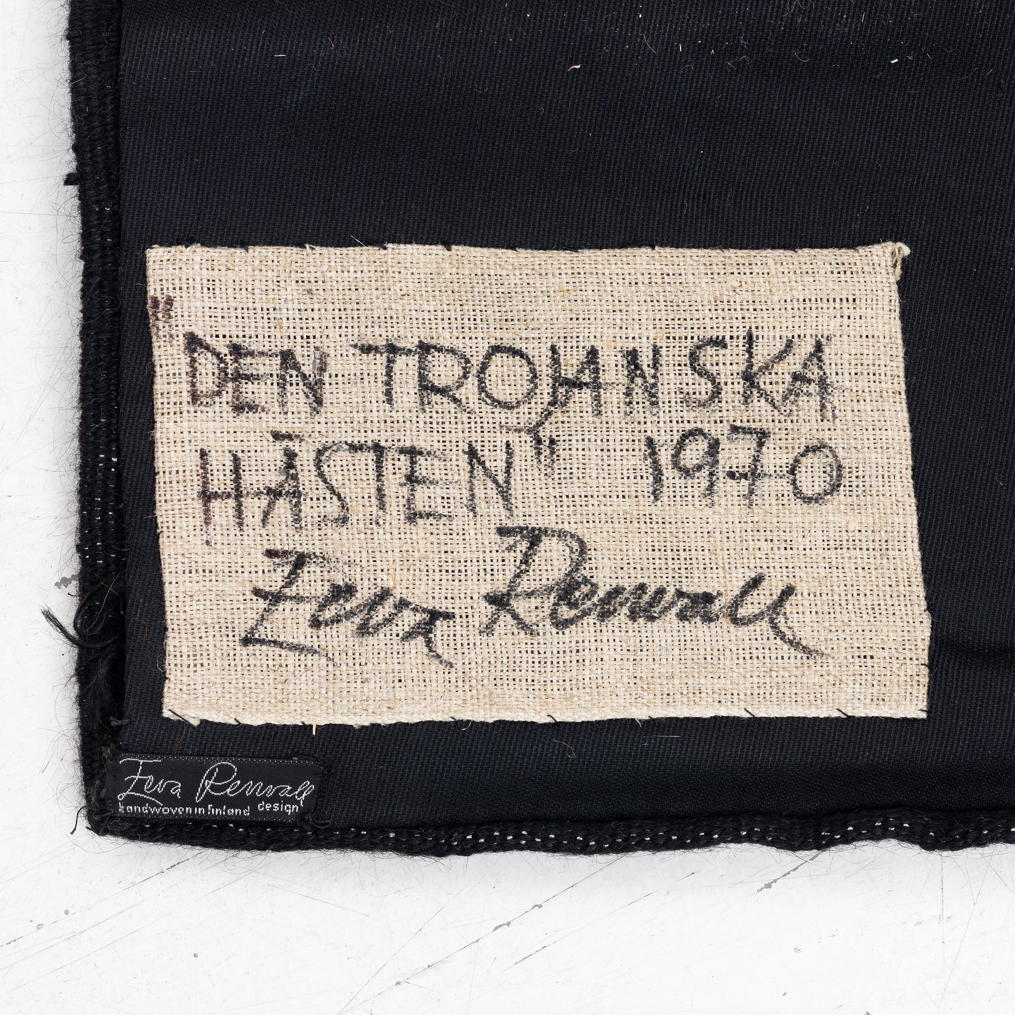Eeva Renvall, "Den Trojanska hästen", bonad, signerad, 1970, ca 92 x 68 cm.