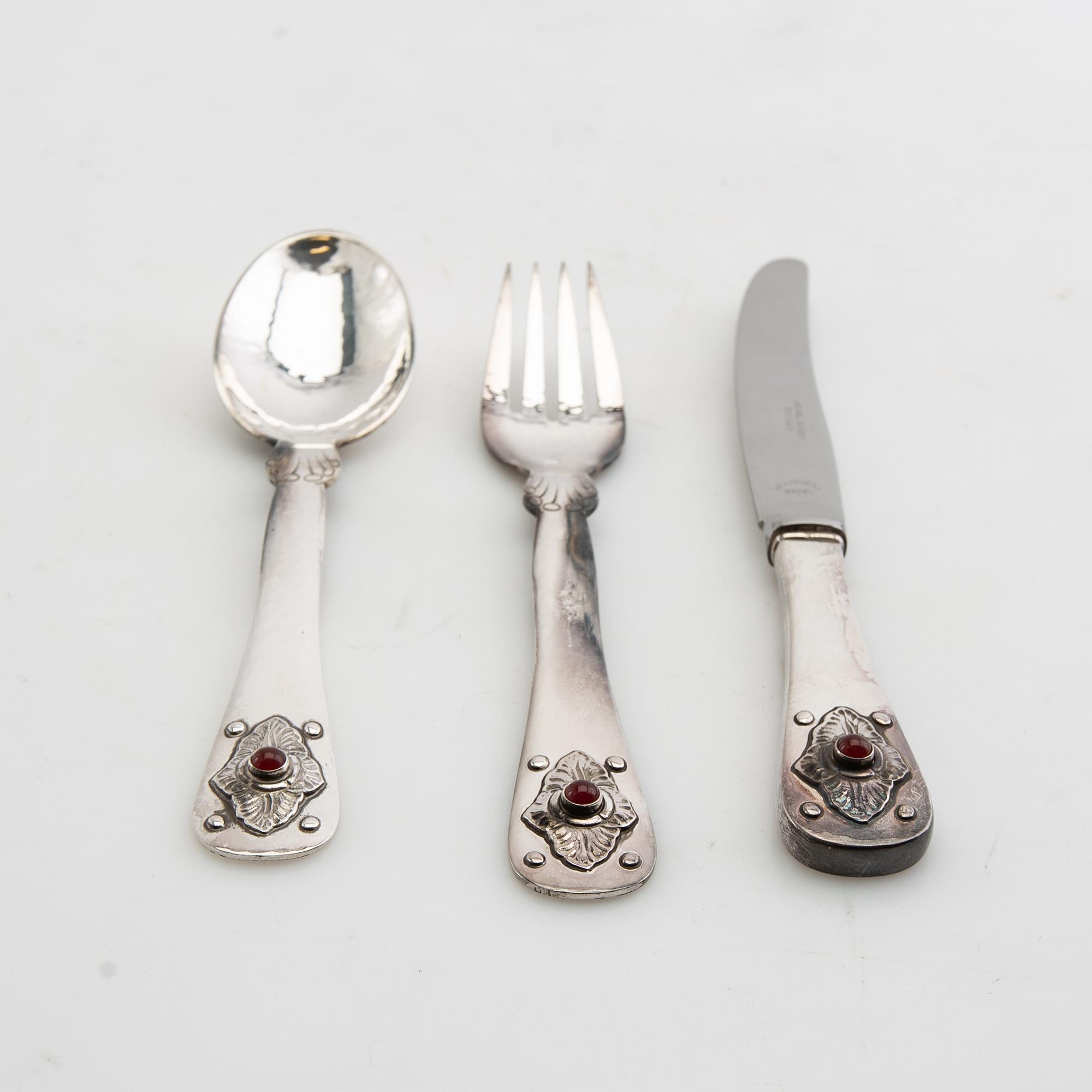 Georg Jensen, anniversary cutlery 6 dlr sterling silver and carnelian 1979 Denmark.