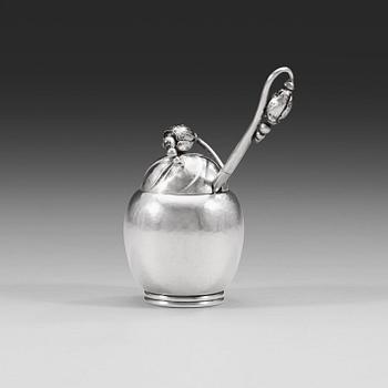 552. A Georg Jensen 'Blossom' sterling mustard jar with spoon, Copenhagen 1933-44.