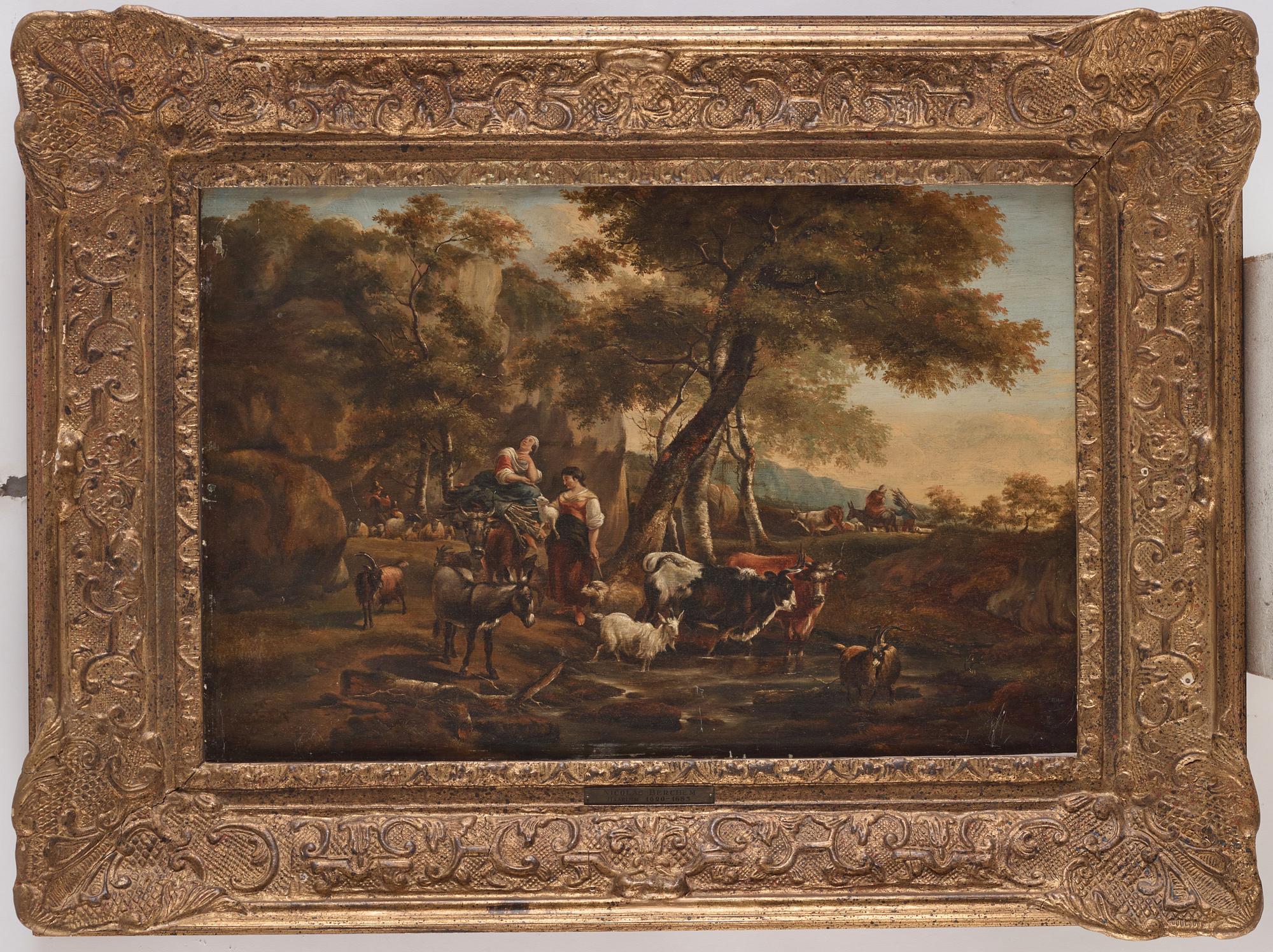 Nicolaes Berchem Tillskriven, Pastoralt landskap med herdar och herdinnor.