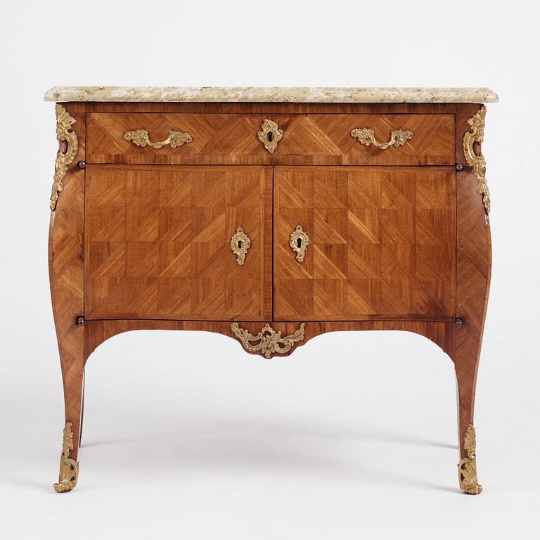 A Swedish rococo parquetry and ormolu-mounted commode, later part of the 18th century.