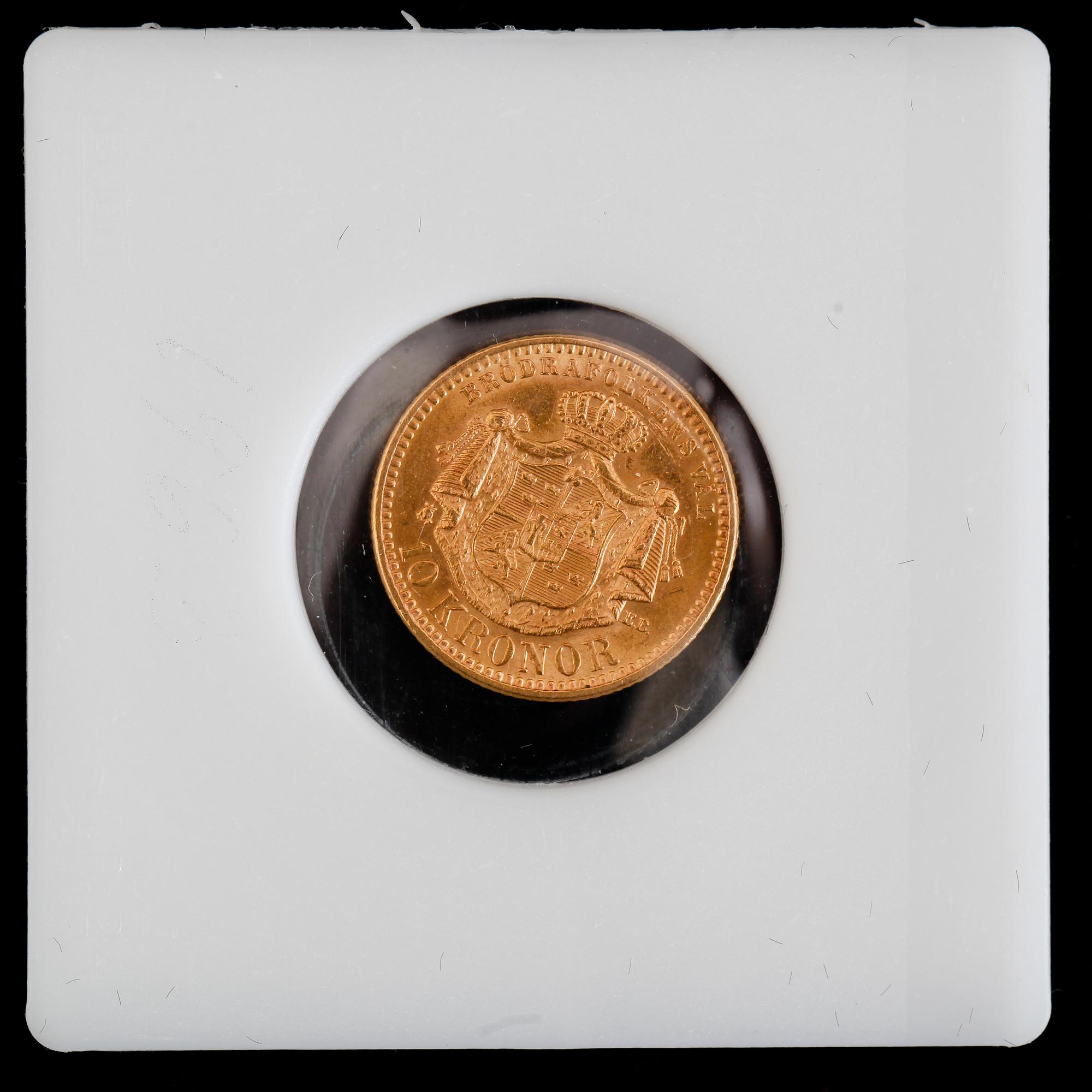 GULDMYNT, 10 kronor, Oscar II, 1901. Vikt ca 4 gram.