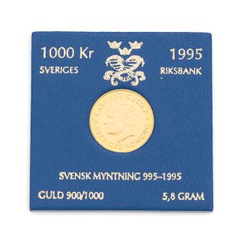 GULDMYNT, Carl XVI Gustaf, 1995, guld. Vikt ca 5,8 gram.