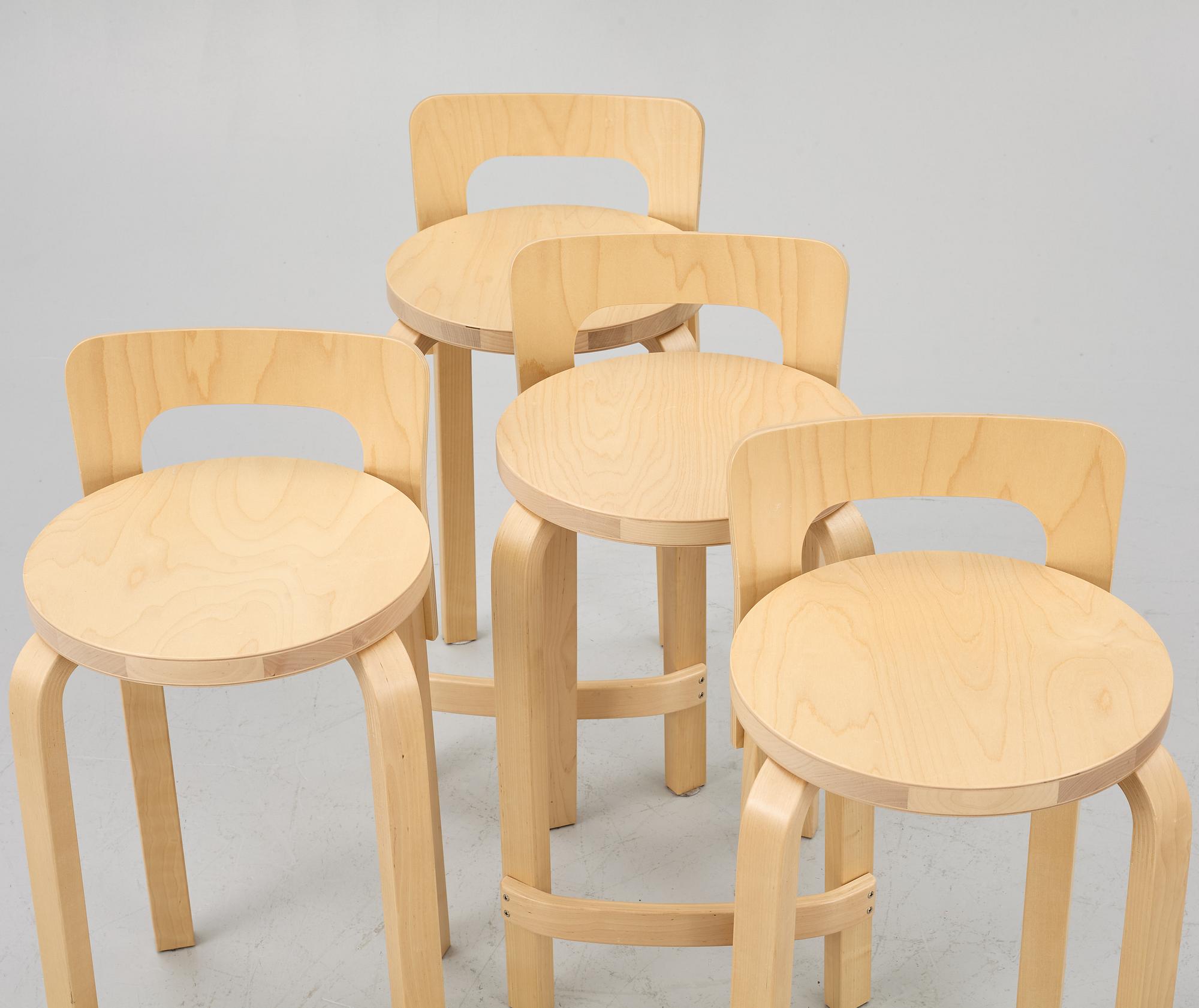 Alvar Aalto, four K65 bar stools, Artek, 2019.