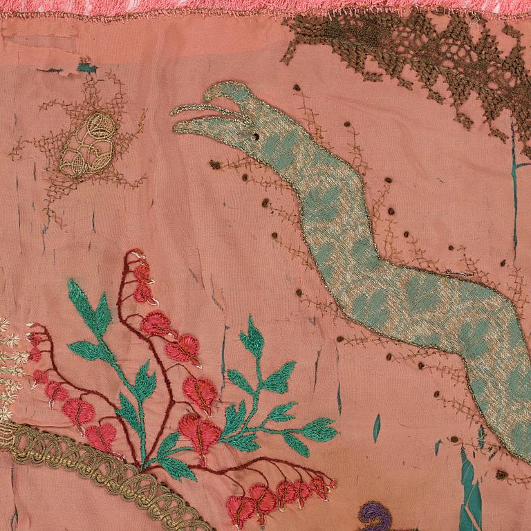 Anna Casparsson, EMBROIDERY ON SILK, ca 91 x 87,5 cm (plus fringes), designed and embroidered by Anna Casparsson.