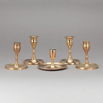LJUSSTAKAR, 5 st, mässing, 1700-/1800-tal.