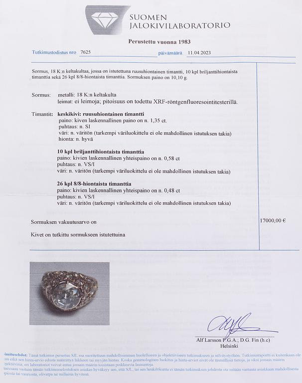 Ring, rose-cut diamond 1.35 ct, 18K gold.