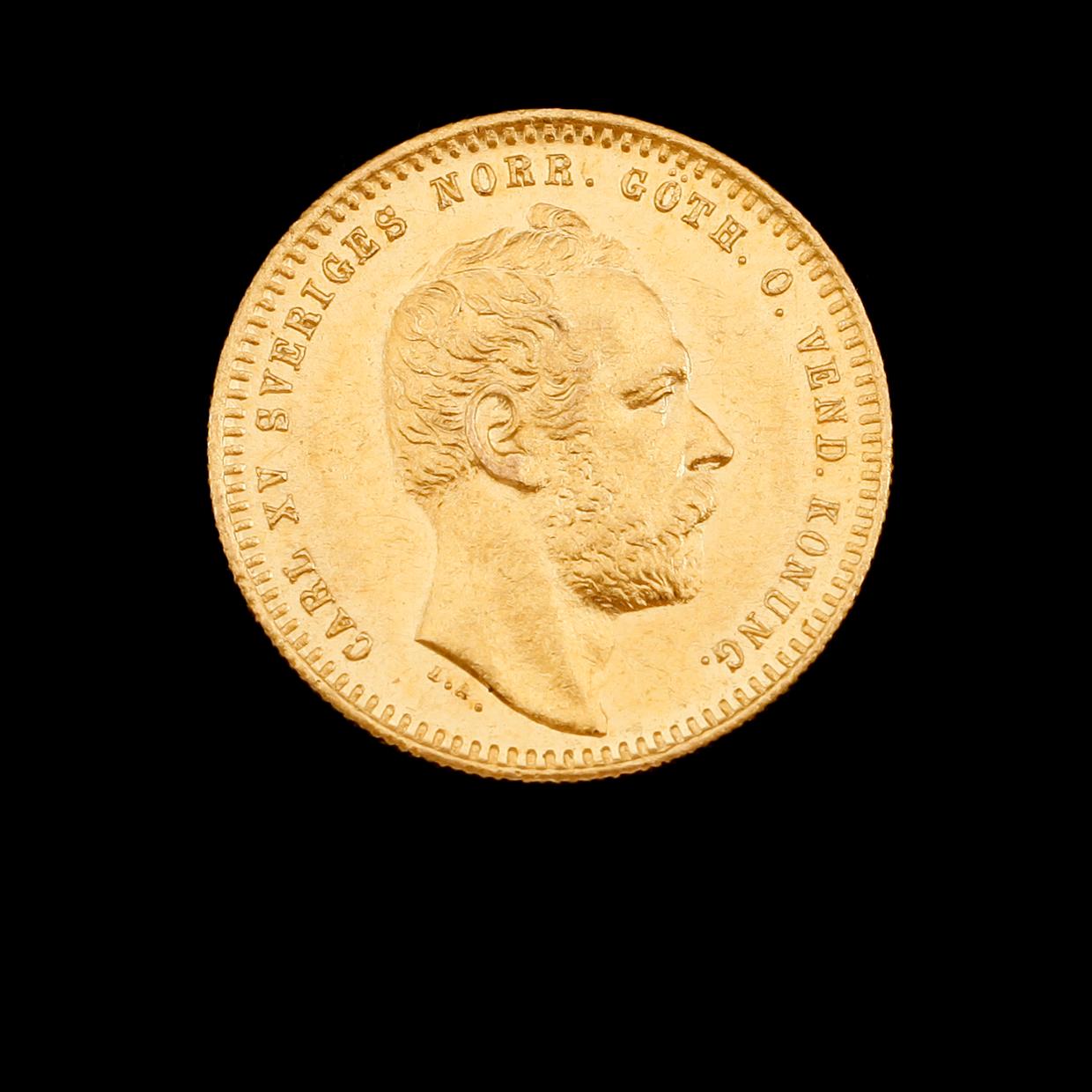 GULDMYNT, Carl XV, 1865. Vikt ca 3 gram.