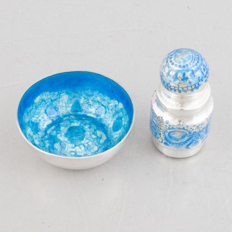A small silver and blue enamel bowl and a box with lid, mark of Lars Arby, Gothenburg, Sweden, 1965 and 1968.
