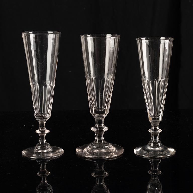 14 champagne glasses, around 1900.