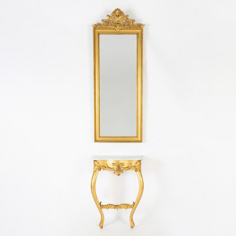 Spegel med konsolbord, rokokostil, omkring år 1900.