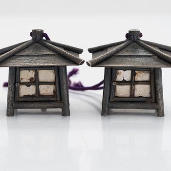 A pair of Japanese sterling silver lantern shape boxes, jungin mark for pure silver.