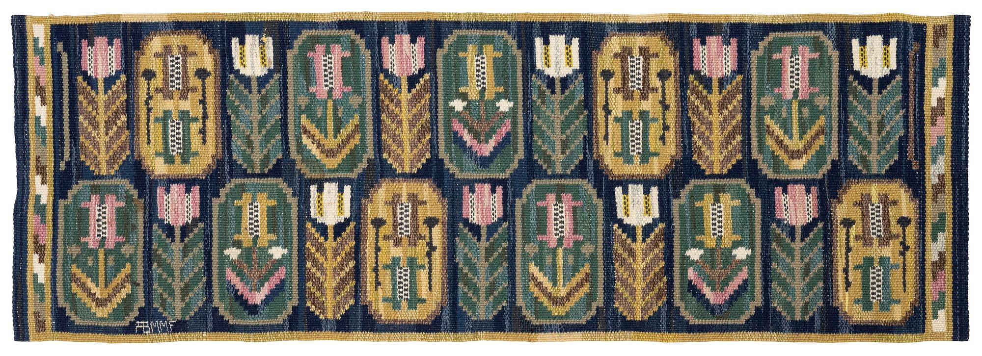 Märta Måås-Fjetterström, a flat weave textile, 'Medaljongerna', c. 118 x 41 cm, signed AB MMF.