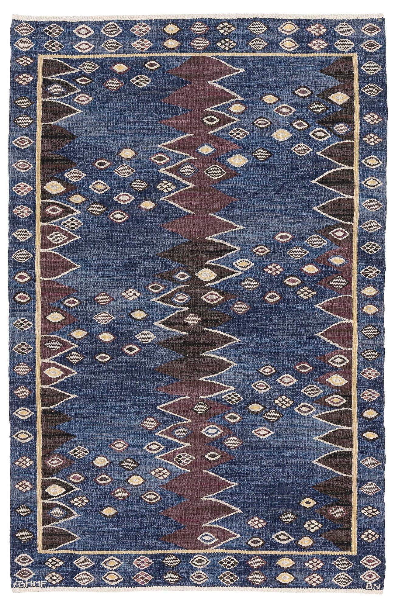 Barbro Nilsson, a 'Snäckorna' carpet,  tapestry weave, c. 219 x 144 cm, signed AB MMF BN.