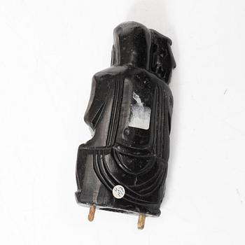 A Chinese green stone brush washer, a carved bone and a soapstone figure, partly Qing dynasty.