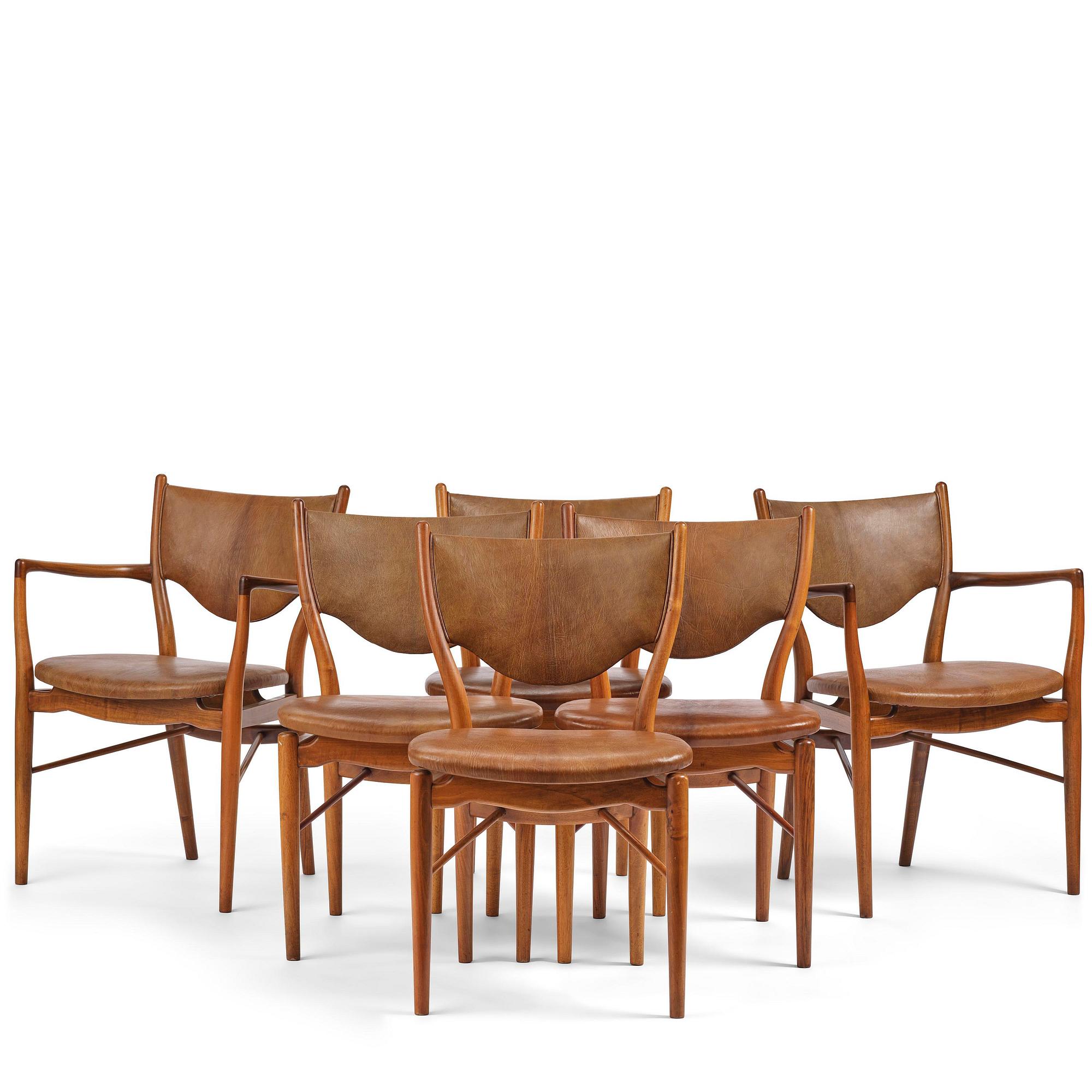Finn Juhl, a set of four chairs and a pair of armchairs, model "Bo-63" and "Bo-72", Bovirke, Denmark, 1950s-60s.