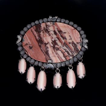 A ULLA AHOLA BROOCH, silver, marble, hematite, hand cut glass, 2010.