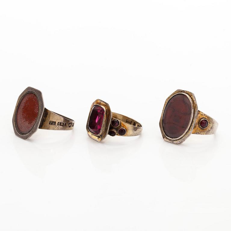 Rings, 3 pcs, silver, glass, Finland 19th century.