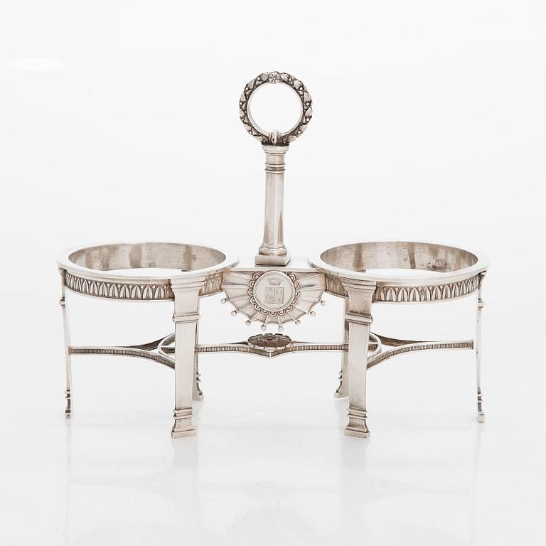 A French Empire silver cruet stand and a pair of openwork stands, Paris 1819-1838.