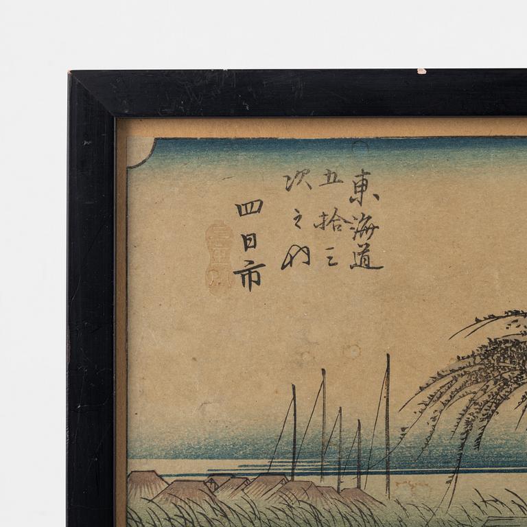 Ando Utagawa Hiroshige, efter, färgträsnitt, 3 st, Japan, tidigt 1900-tal.