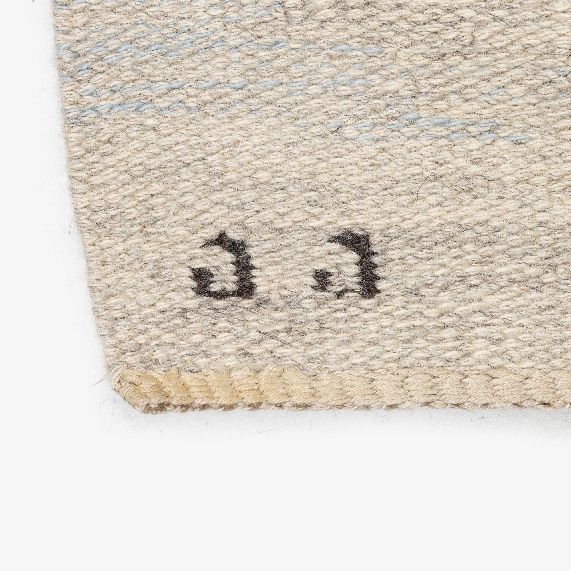 Judith Johansson, a carpet 'Riddarsporrar', flat weave, c. 245 x 177 cm, signed JJ E.